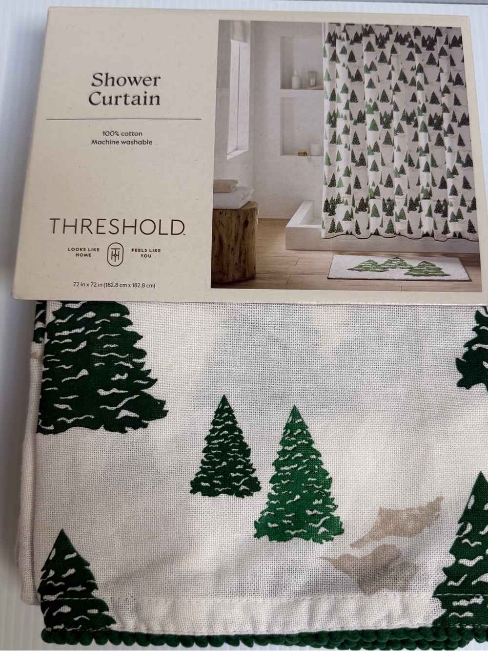 Washable Cotton Shower Curtain with Green Tree Print